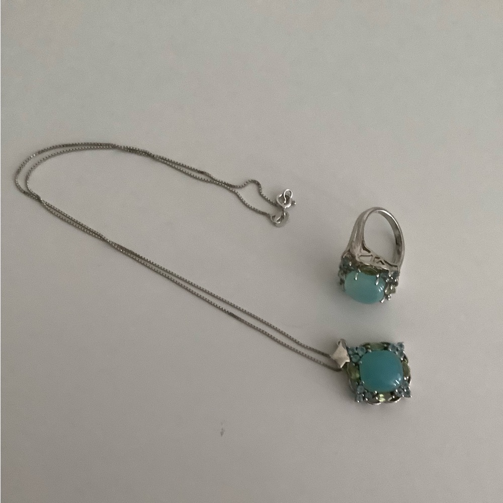 Silver and Robins Egg Blue Matching Pendant and Ring Set